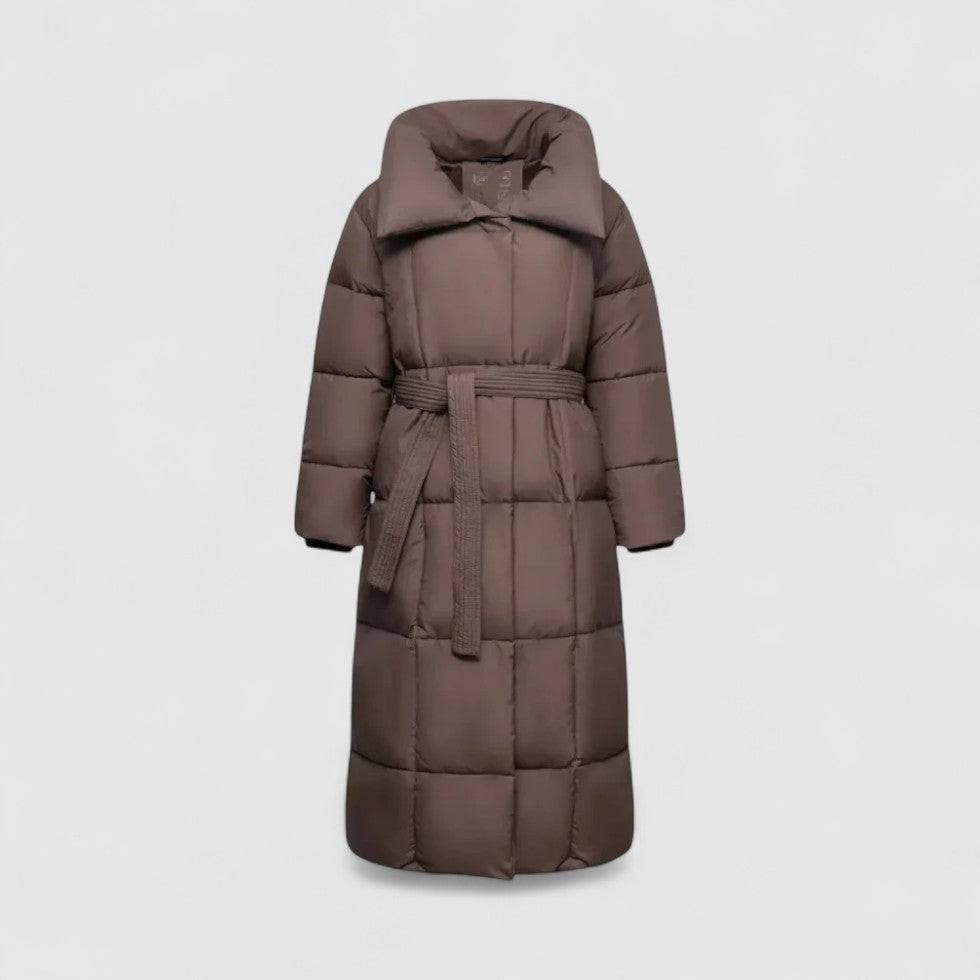 Women Long Quilted Puffer Coat with Belt Winter Jacket